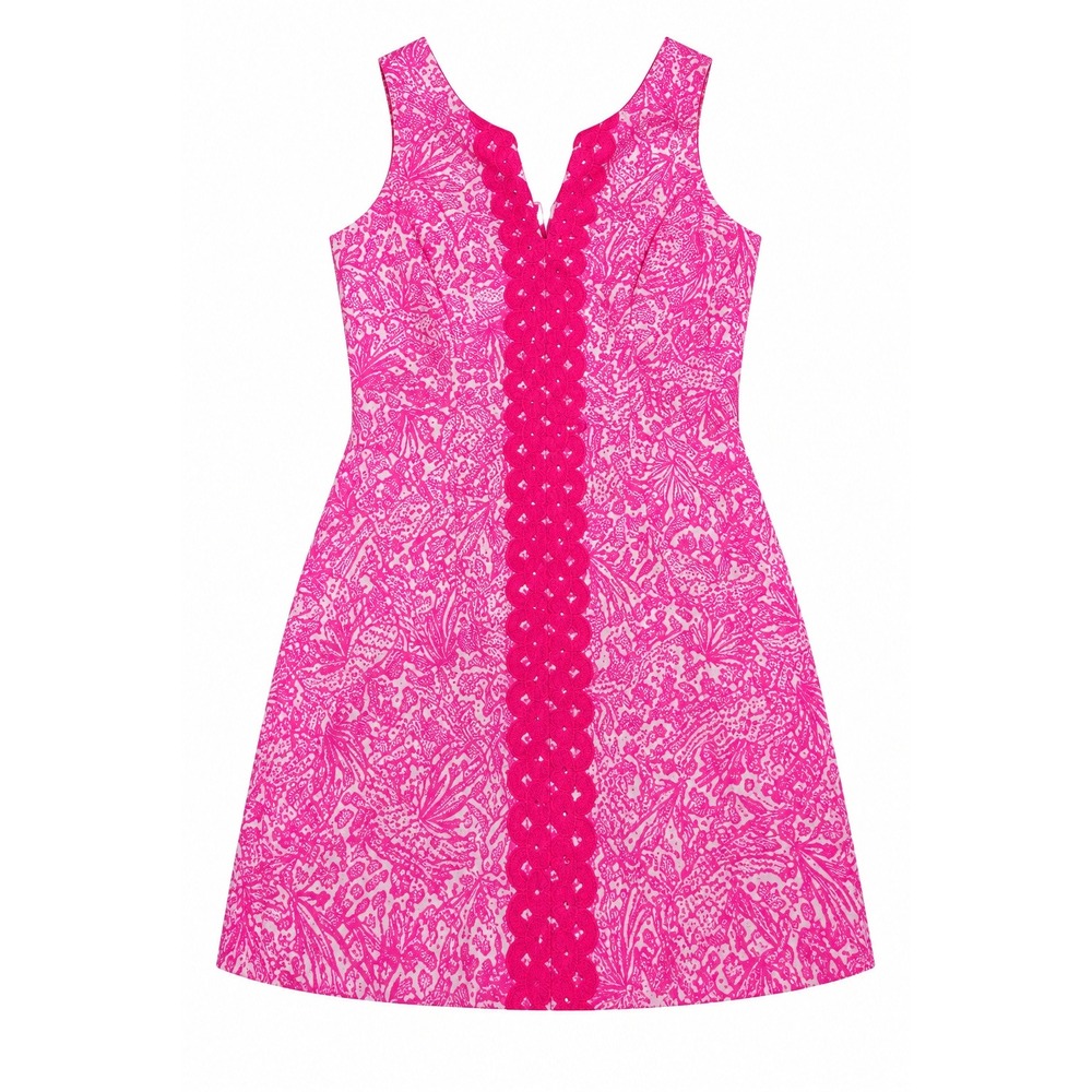 Lilly Pulitzer Hot Pink Coastalcore Preppy Shift Dress Crochet Trim Size 8